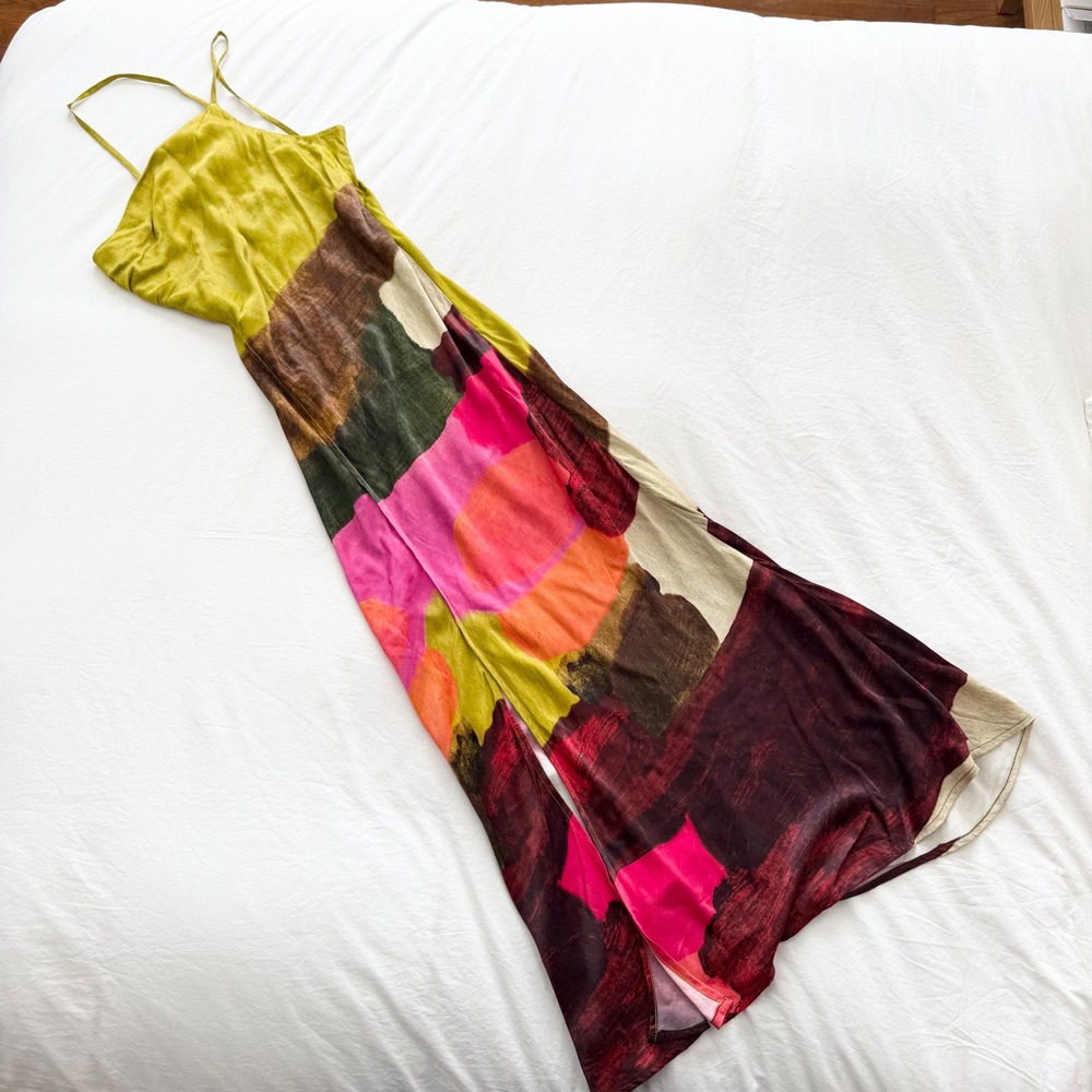 Anthropologie BL-NK Abstract Print One Shoulder Slip Maxi Dress Medium - Picture 2 of 7